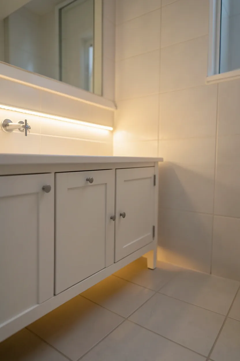 Warm LED strip lights installed under vanity mirror in an apartment bathroom creating a spa-like glow