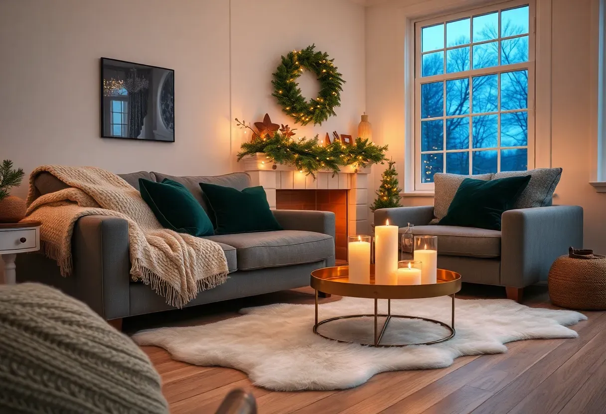 Cozy Christmas living room with warm textures and ambient lighting