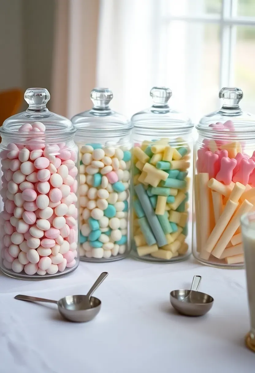 colorful candy jar station with glass apothecary jars filled with pastel candies and scoops at a baby shower