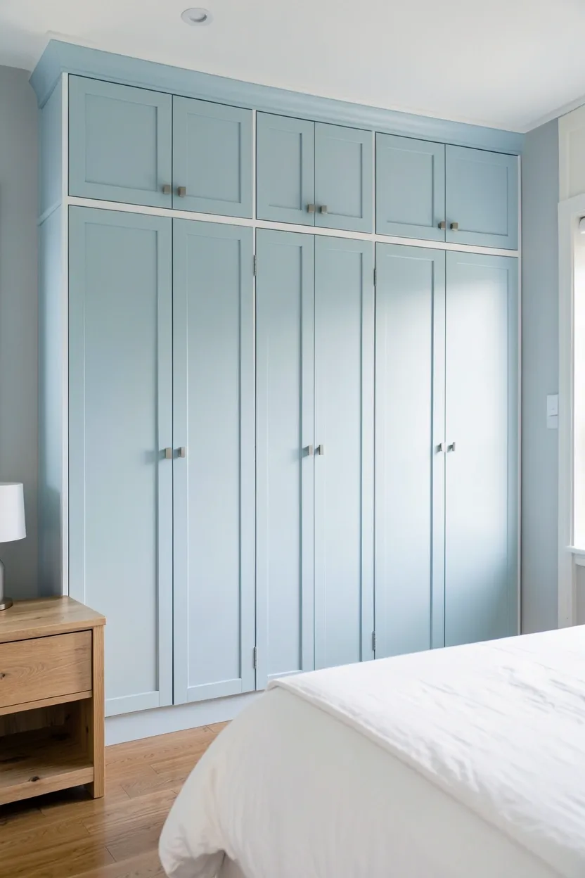 Hyper-realistic eye-level photograph of custom built-in wardrobes in ice blue with white trim, spanning one wall of bedroom. Clean white doors with minimalist handles, queen bed with white bedding in foreground, natural wood nightstand. Materials: painted ice blue wardrobe doors, white trim, white bedding, oak wood nightstand. Natural light from window illuminating wardrobe surface, modern organized atmosphere. Shallow depth of field, sharp details on wardrobe doors and hardware, balanced composition showing built-ins and room context. No text, no logos, no watermarks.</p>