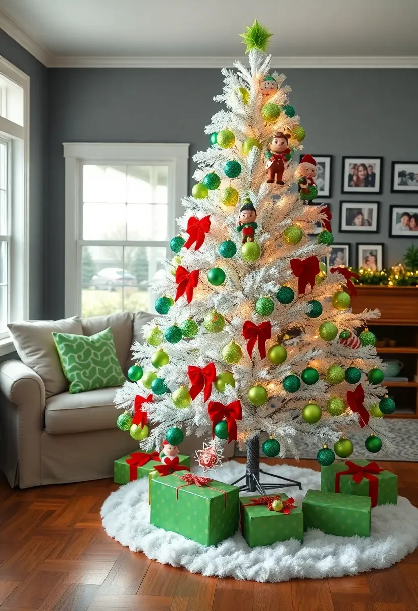 Hyper-realistic wide shot of a white flocked Christmas tree in a living room decorated exclusively with Grinch-themed ornaments in various green shades, glass ball ornaments in lime and emerald, small Grinch character figurines, wooden tag ornaments with quotes, red velvet bows scattered on branches, tree topper featuring green star with swirling design, wrapped presents in green and red spotted paper beneath tree, white tree skirt with fluffy trim. Gray walls with gallery wall of family photos visible, hardwood floor. Materials: flocked pine, glass, wood, velvet ribbon. Soft window light from right with white Christmas lights on tree creating magical glow, shadows on floor. Whimsical festive mood. Shallow depth of field with tree ornaments sharp while showing full tree and room context including sofa and windows. No text, no logos, no watermarks.</p>