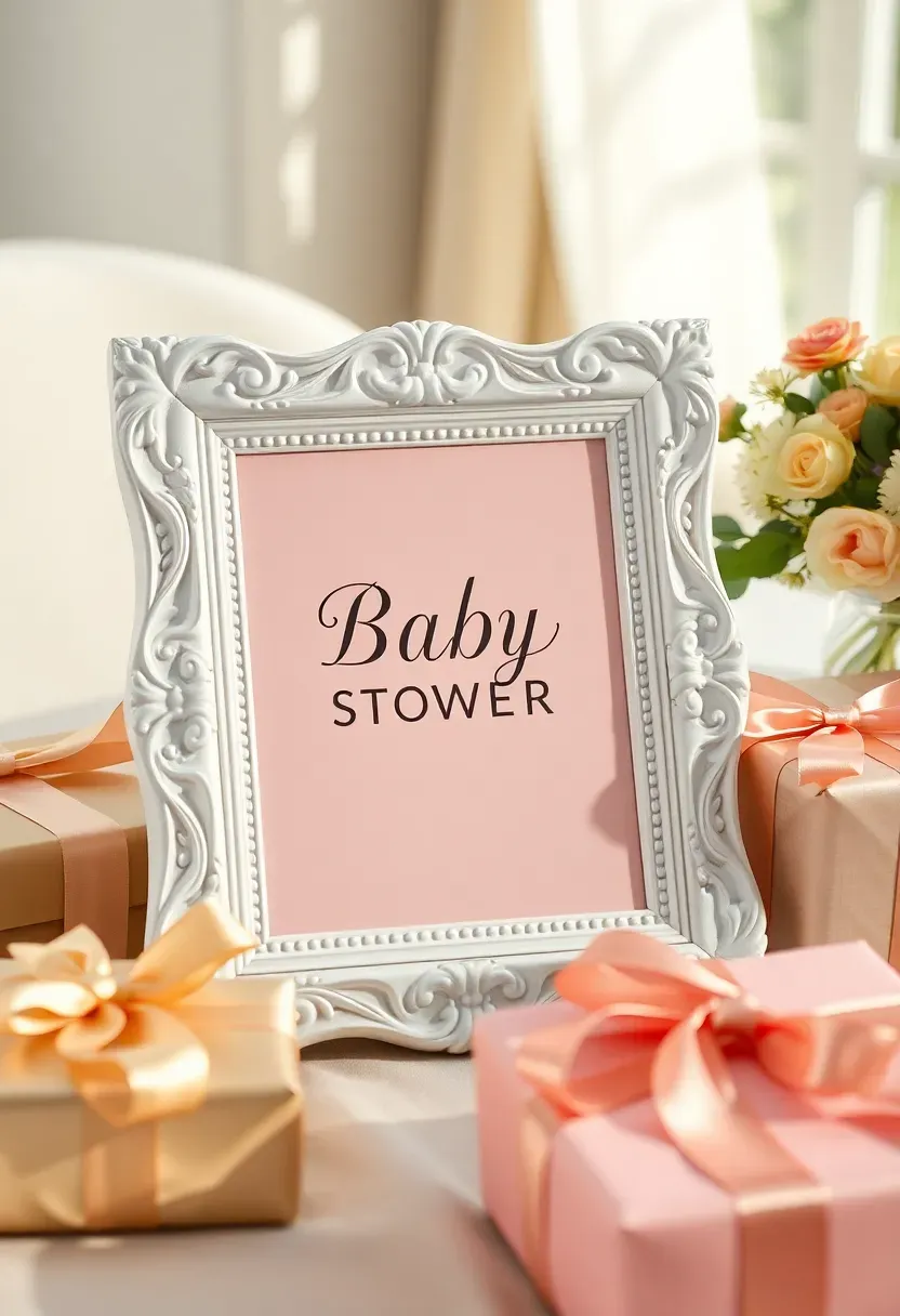 baby shower gift table sign with a short poem printed in elegant serif font on blush pink paper inside a white ornate frame surrounded by wrapped presents and ribbon