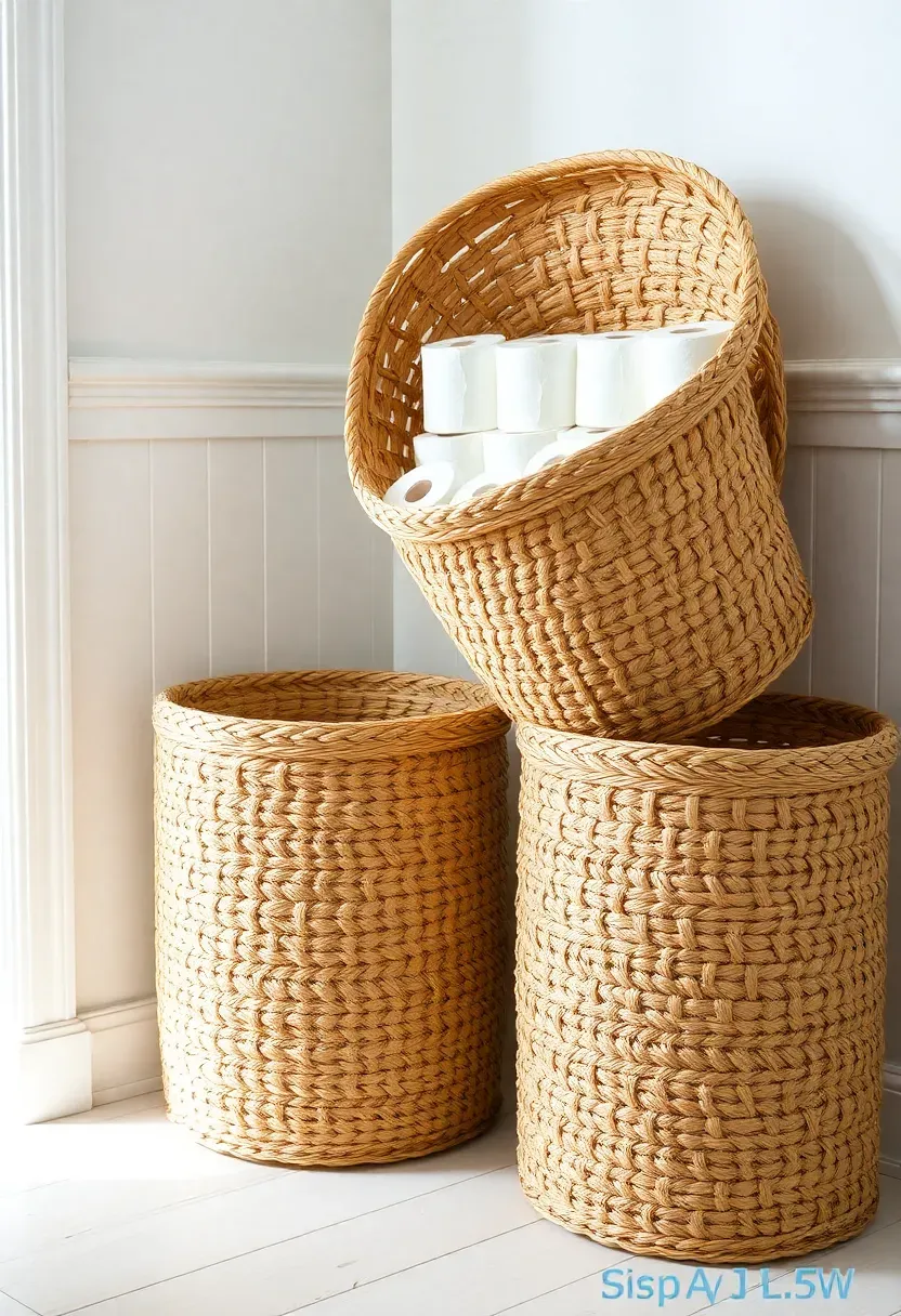 Two large stacked woven storage baskets in a bathroom corner holding bulk toilet paper rolls neatly stacked inside