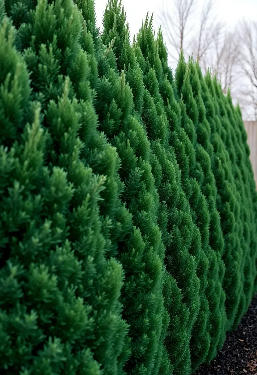 Dense evergreen privacy hedge of arborvitae planted along a backyard fence creating a lush green wall of privacy