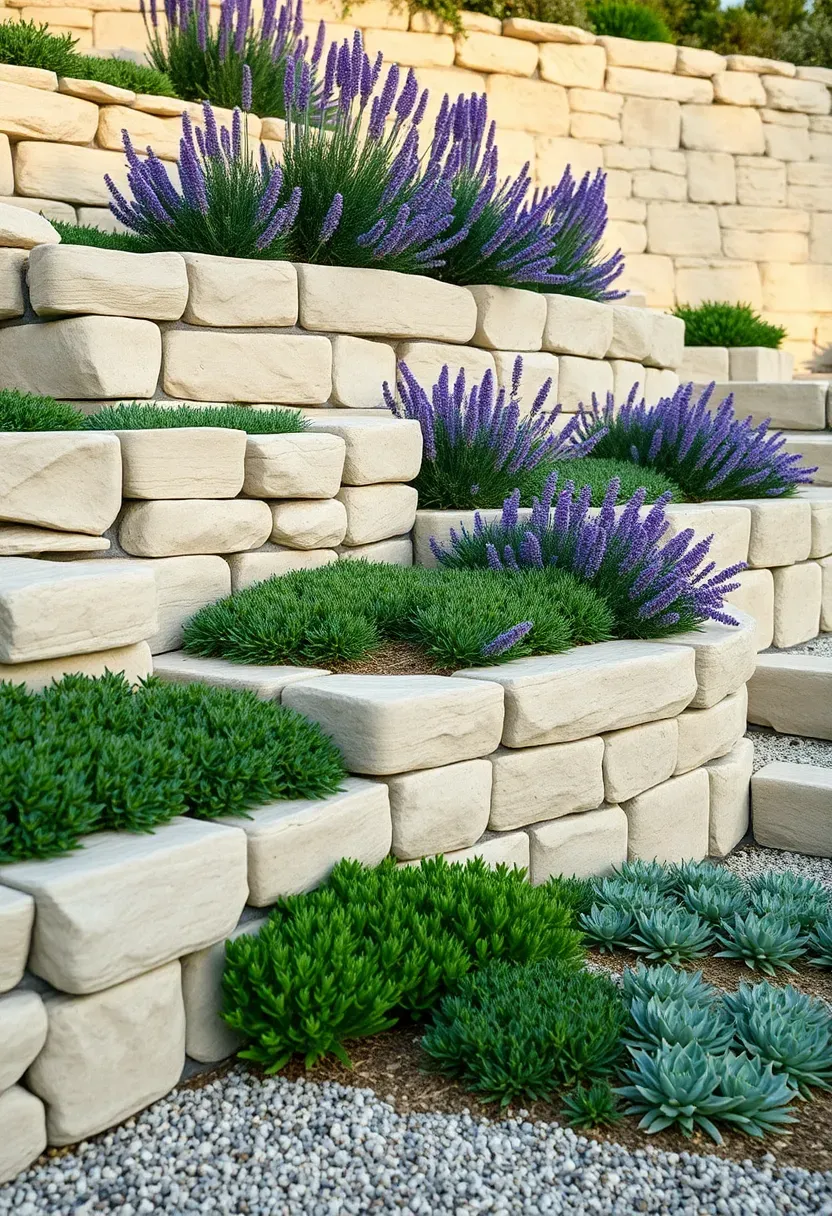 Raised stone terrace garden with dry-stacked limestone walls, lavender plantings, and gravel paths creating multiple garden levels on a gentle slope