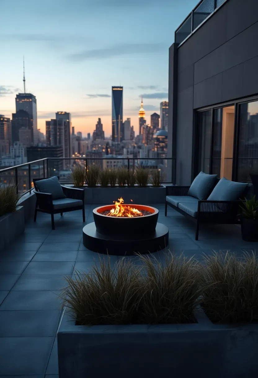 Urban rooftop fire pit terrace with black steel fire bowl, charcoal loungers, and city skyline glowing at twilight