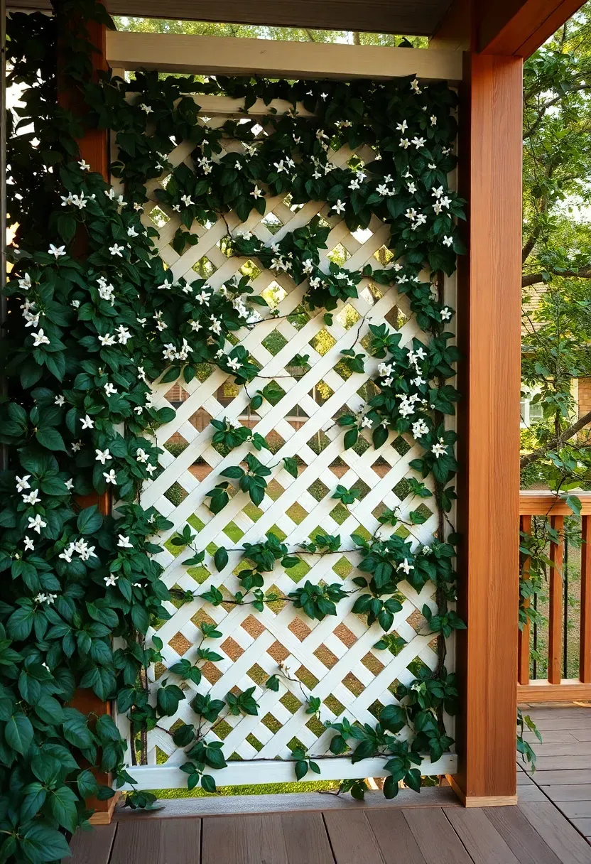 Wooden lattice privacy screen on a backyard porch with mature climbing jasmine weaving through the grid