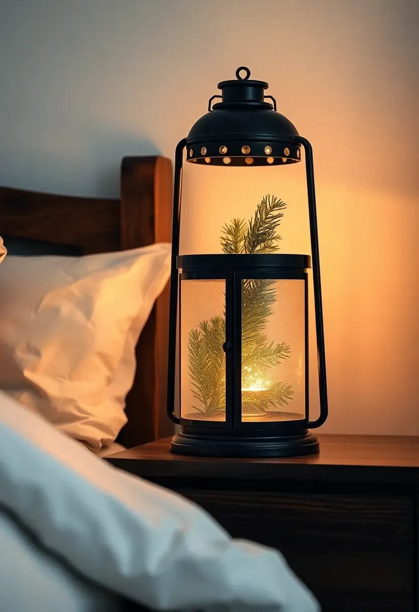 Hyper-realistic 3/4 view of bedroom nightstand with black metal battery lantern with frosted glass panel. Fresh pine sprigs tucked inside lantern, illuminated by warm white LED glow. Lantern on dark wood nightstand beside bed with white linen bedding. White walls, ambient warm light from lantern. Materials: metal lantern, LED light, fresh pine, wood nightstand, linen bedding. Soft lantern glow, pine visible through frosted glass. Cozy Christmas bedroom lighting. Shallow depth of field, sharp details on lantern details. No text, no logos, no watermarks.</p>