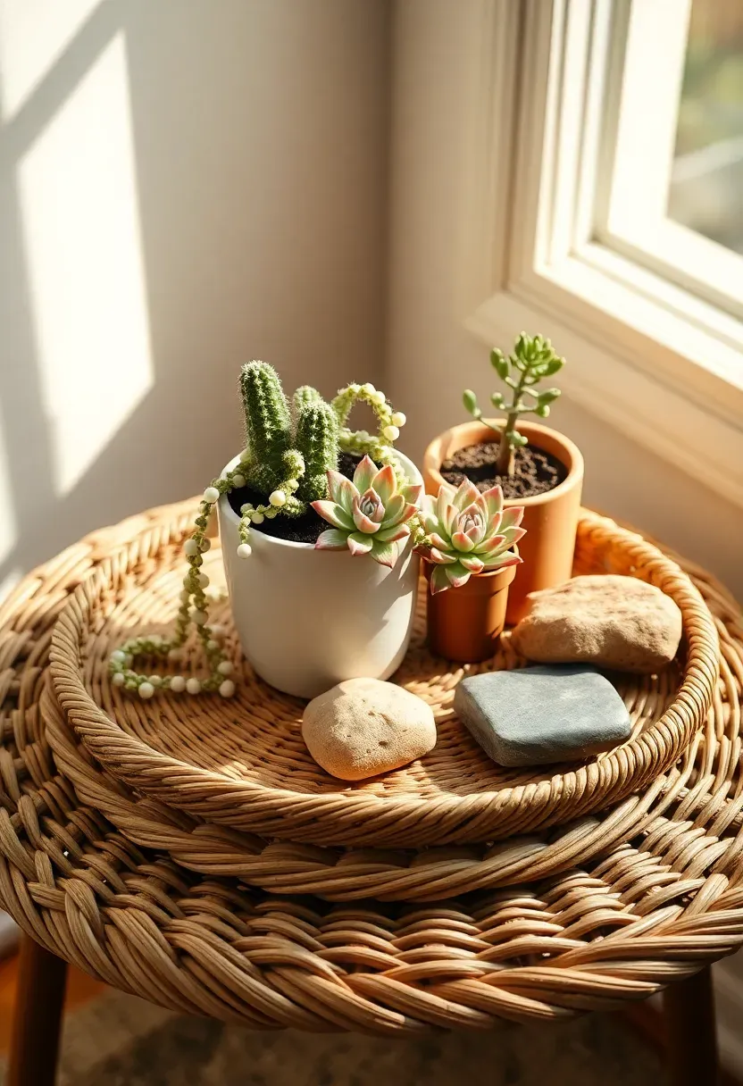small plants grouped on a wooden tray on a sunroom table creating an organized vignette