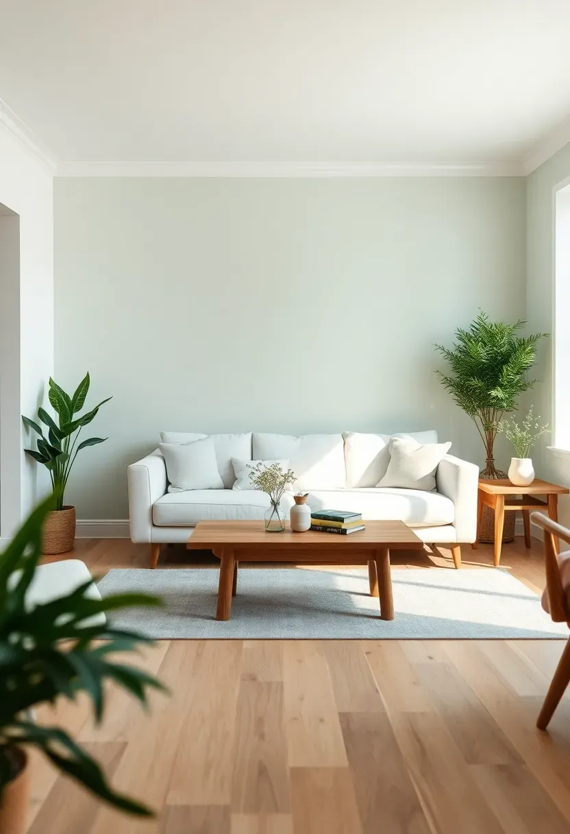 Hyper-realistic 3/4 view of living room with single sage green accent wall behind white sofa, white walls on remaining sides, oak coffee table and side table, light oak floor. Materials: medium sage green painted accent wall, white painted walls, oak wood furniture and floor. Natural light from window, warm minimalist mood. Clean composition, accent wall as focal point, shallow depth of field, no text, no logos.</p>
