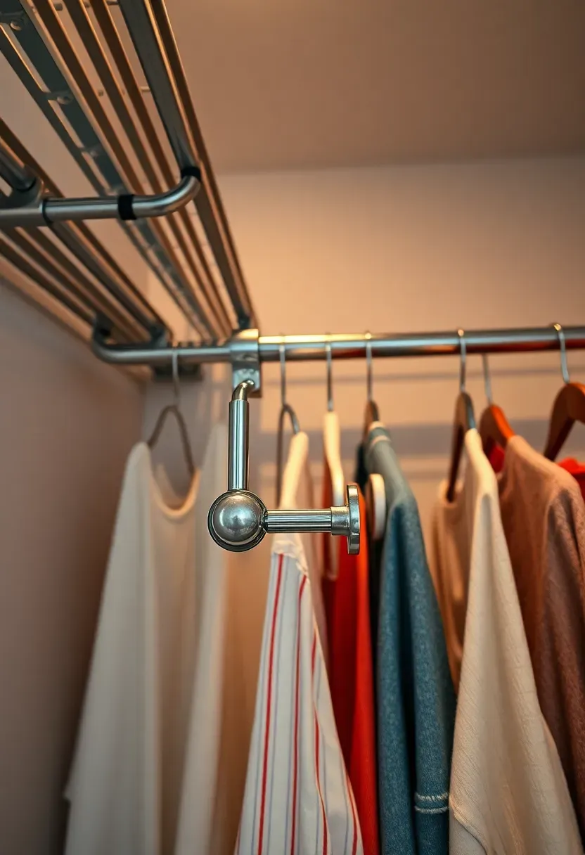 Closet system with adjustable rod brackets showing rods at different heights accommodating long dresses, short jackets, and children's clothing