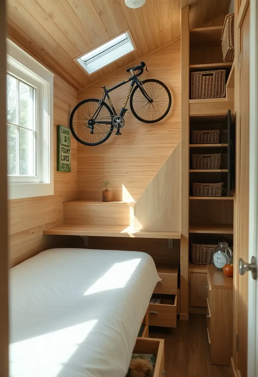 Hyper-realistic interior view of tiny house showing creative space solutions including murphy bed that folds into desk when closed, hidden storage under stairs with pull-out drawers, and vertical wall-mounted bicycle storage. Materials: light wood with white trim, murphy bed mechanism visible when folded, bicycle mounted on wall as art piece, built-in shelving with baskets for storage. Natural daylight creating bright atmosphere showing innovative design solutions. Shallow depth of field focusing on murphy bed/desk conversion mechanism, bicycle storage and stair storage visible in background showing creative multi-use design. Innovative space-saving aesthetic. No text, no logos, no watermarks.</p>