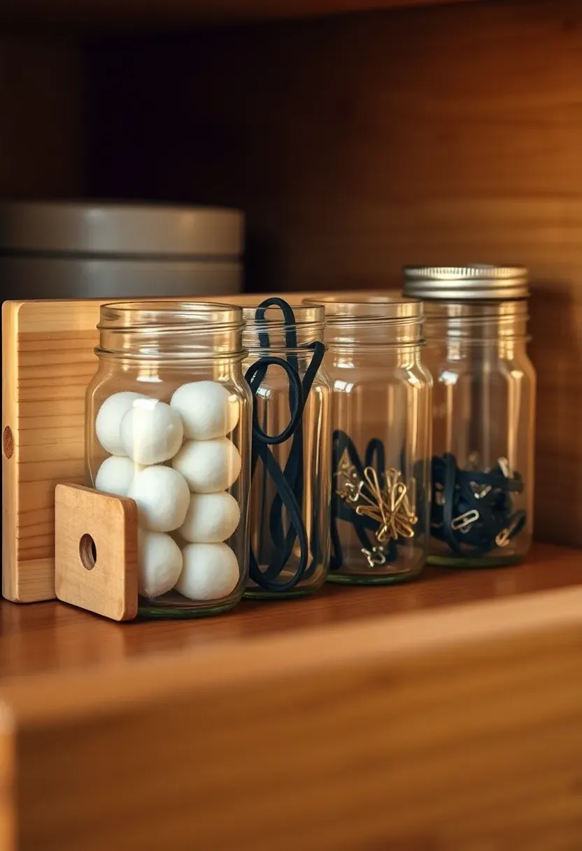 DIY mason jar holder rack mounted inside a bathroom drawer with jars containing cotton rounds hair ties and bobby pins