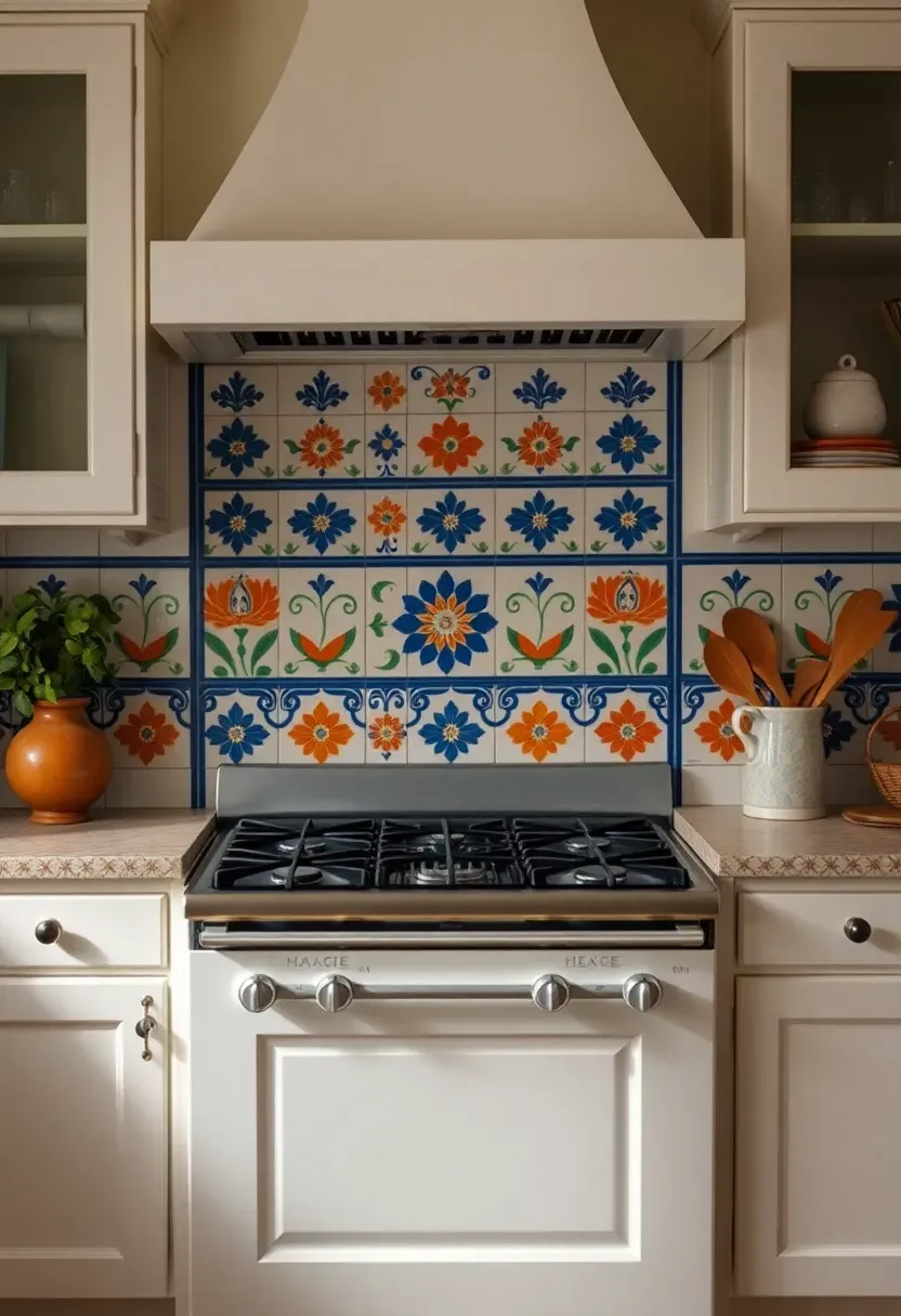 hand-painted Talavera tile backsplash behind stove with blue and white floral pattern in a colorful Mexican-inspired kitchen