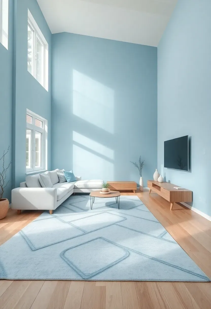 Hyper-realistic wide shot of a serene minimalist living room with powder blue walls, white sectional sofa, light blue geometric area rug, and white oak floating media console. Materials: matte powder blue paint, white linen upholstery, light oak wood, ceramic decorative objects. Soft natural daylight from multiple windows, subtle shadows, bright and airy atmosphere with 10-foot ceiling. Clean minimalist composition, sharp details on textures, no clutter, no text, no logos.</p>