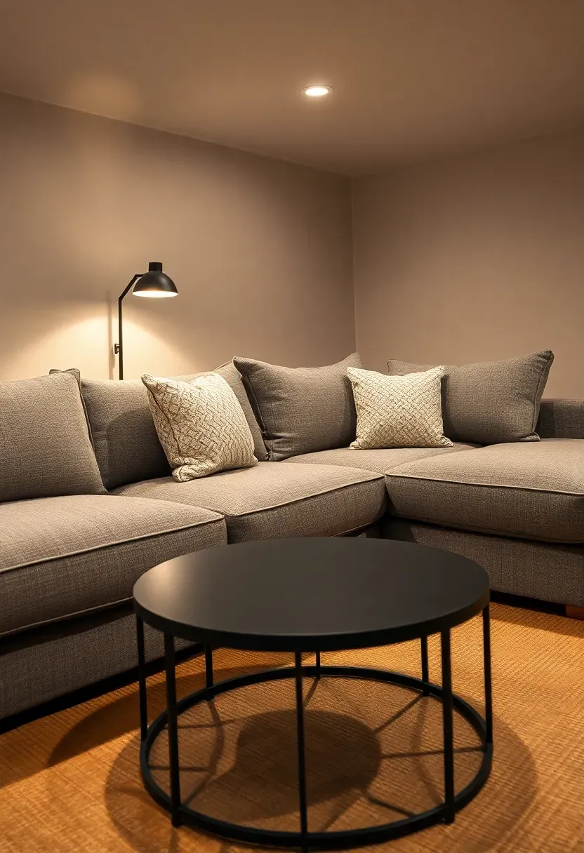 Low-profile modular sectional sofa in a finished basement with soft throw pillows and a low coffee table