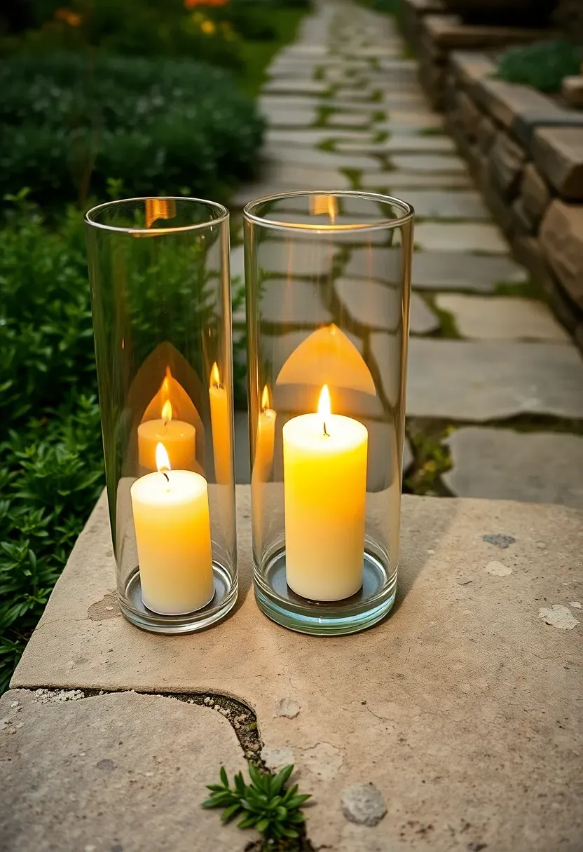 A group of glass hurricane lanterns with pillar candles on a stone garden step casting flickering warm light with plants and a garden path behind
