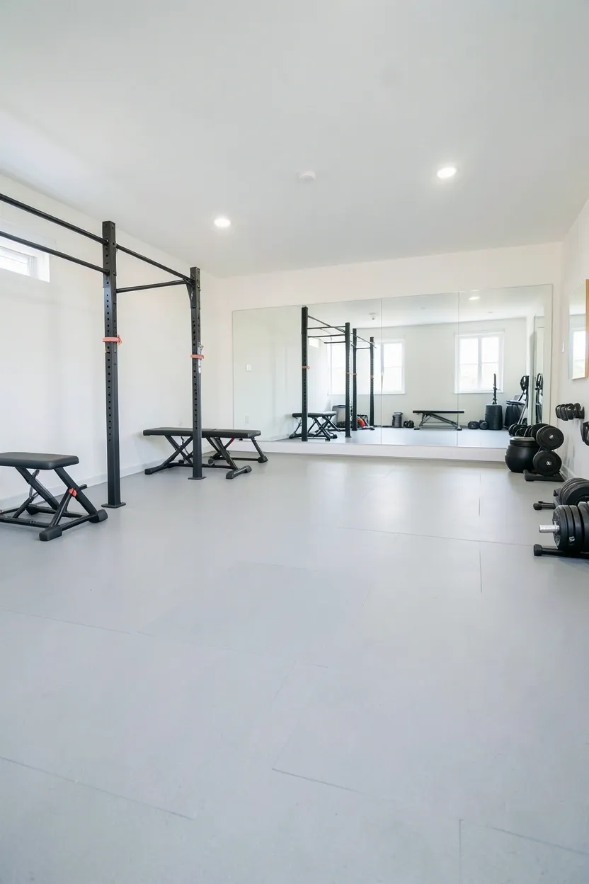 Open floor plan small gym room with equipment arranged along walls and clear center space for bodyweight exercises and yoga — spacious workout layout