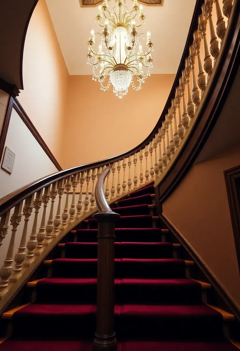 Grand traditional curved staircase with dark mahogany handrail, cream carved balusters, burgundy wool carpet runner, and chandelier above
