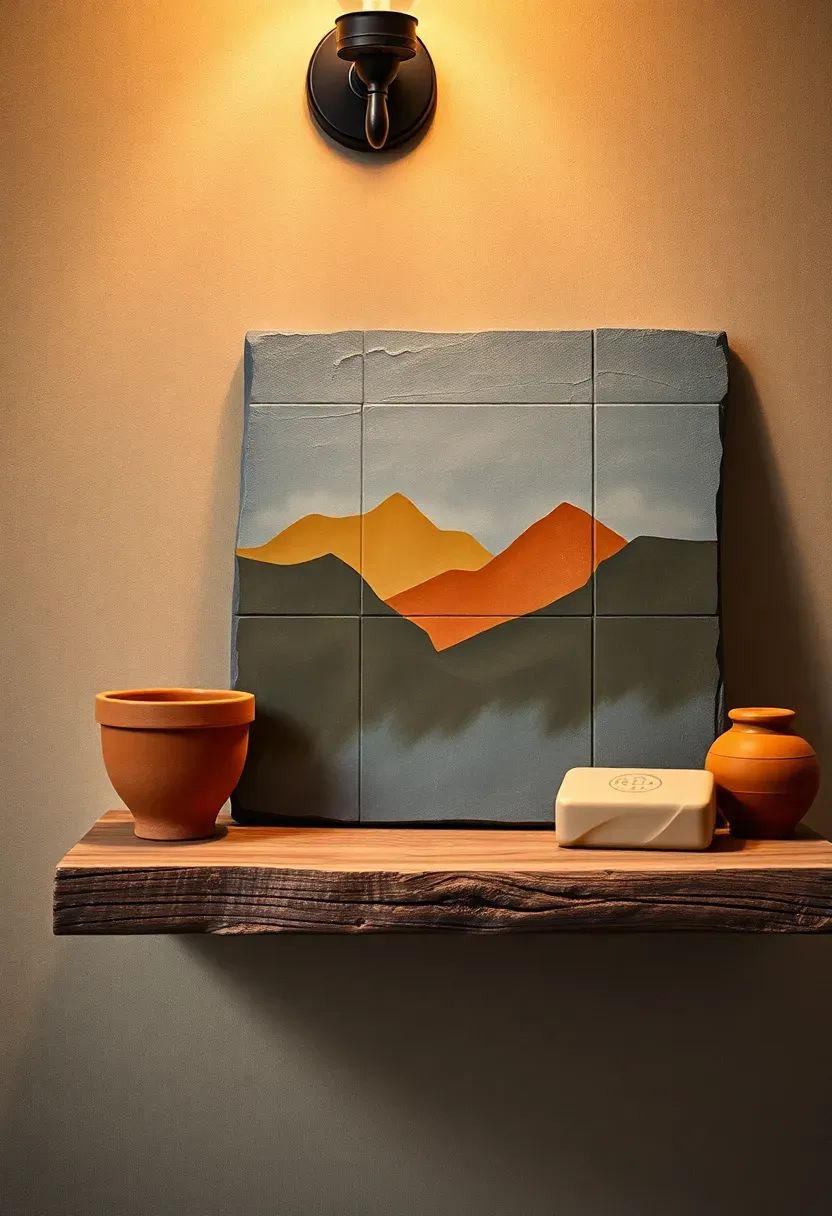 Hand-painted landscape on natural gray slate tile with earthy pigments displayed on a rustic bathroom shelf