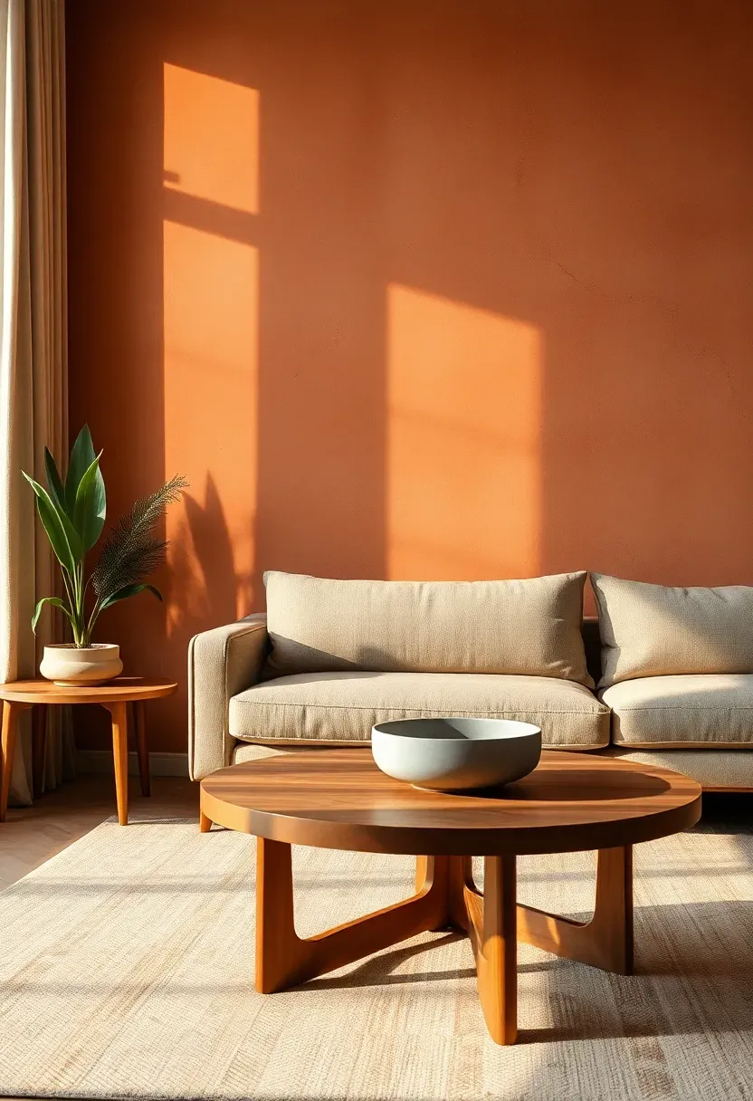 Living room with a limewash accent wall in warm terracotta tones showing natural texture variation and depth, with a linen sofa in the foreground
