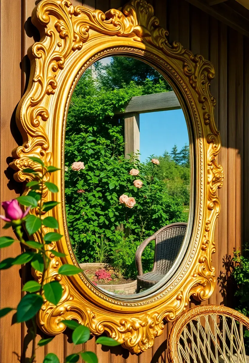 Large vintage mirror mounted on a backyard fence reflecting garden greenery and doubling the visual space of an outdoor sun room