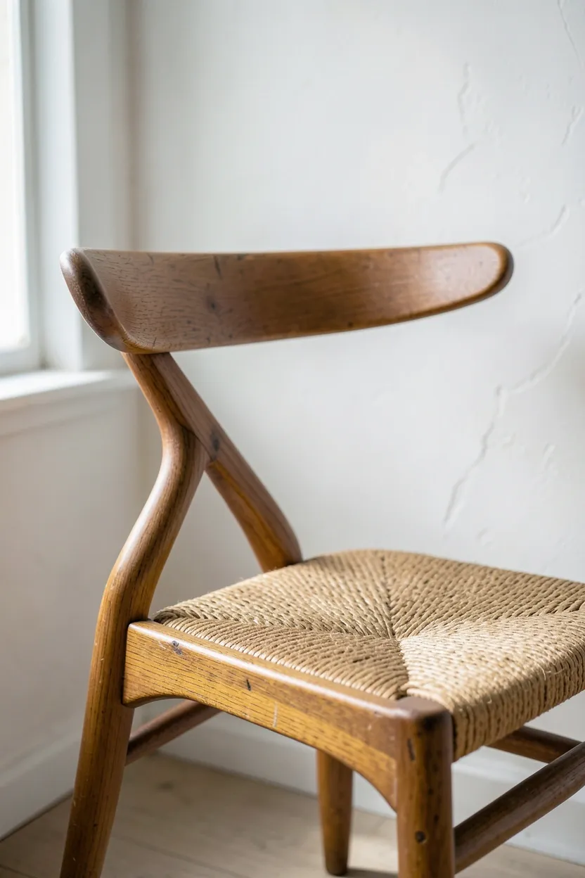 Hans Wegner Wishbone Chair with paper cord seat and light oak frame as accent seating in a mid-century Scandinavian living room