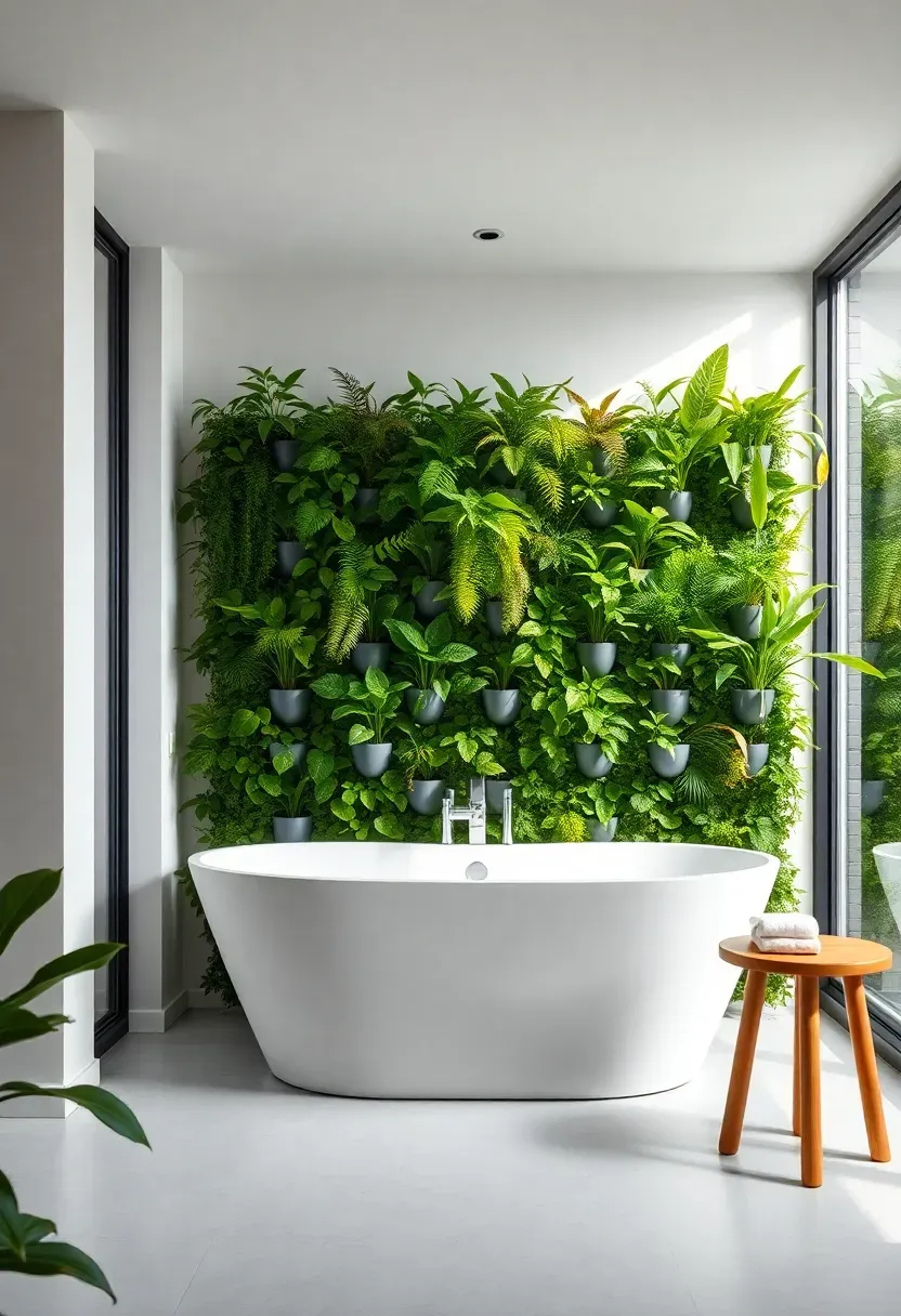 Living green wall of ferns and tropical plants in a bright modern bathroom setting