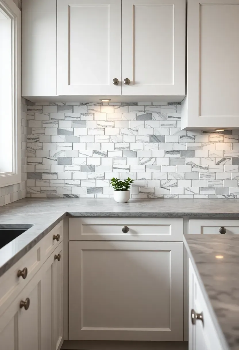 basketweave marble mosaic backsplash in white and gray tones behind white kitchen cabinets with nickel hardware and gray quartz countertop