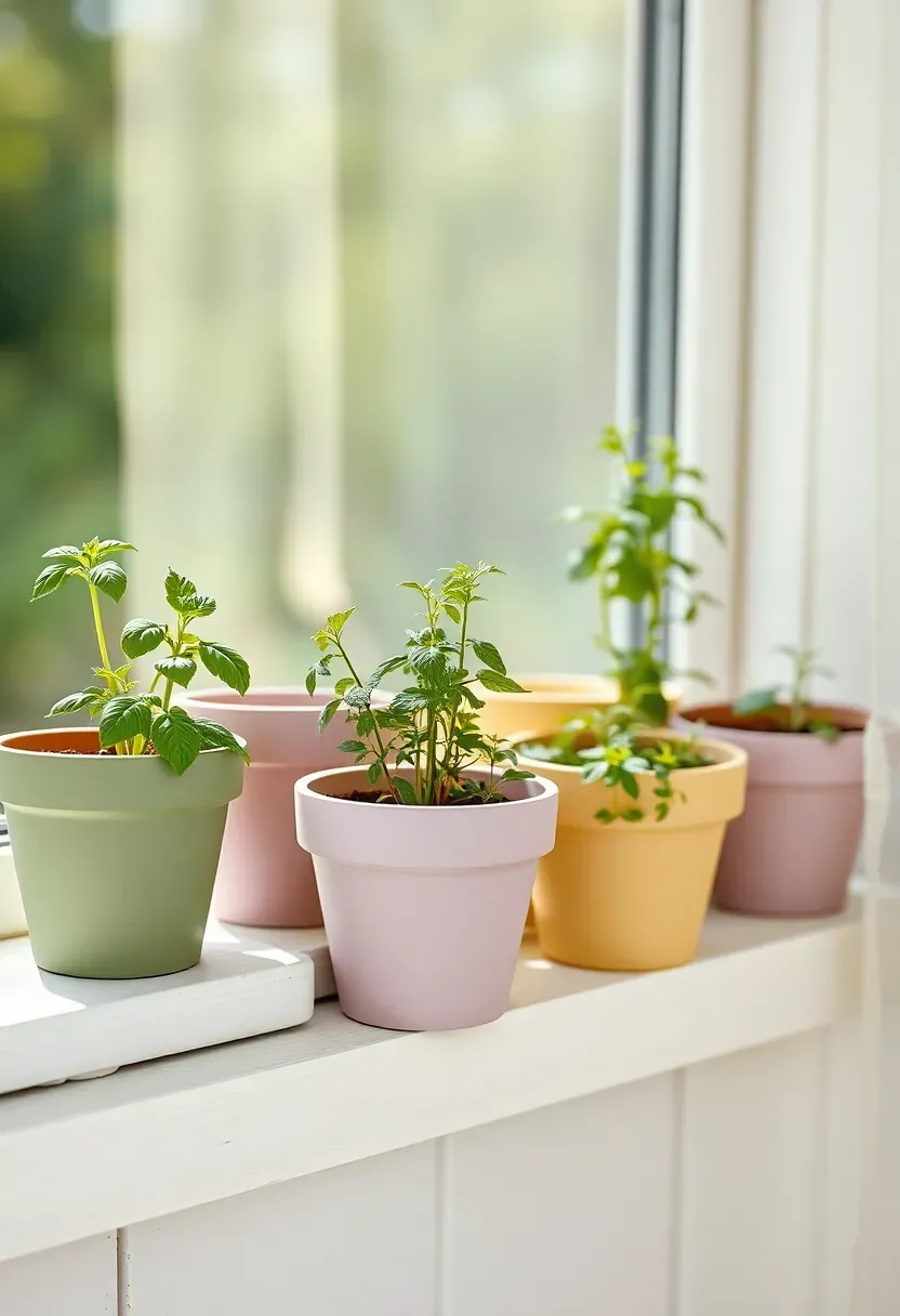 terra cotta pots painted in pastel spring colors with herb seedlings growing inside