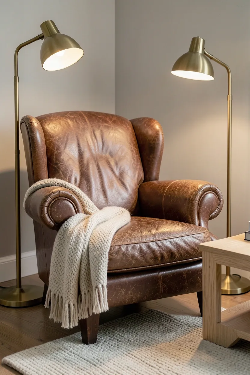 Cognac leather club chair beside a modern brass floor lamp and light area rug in a rental living room