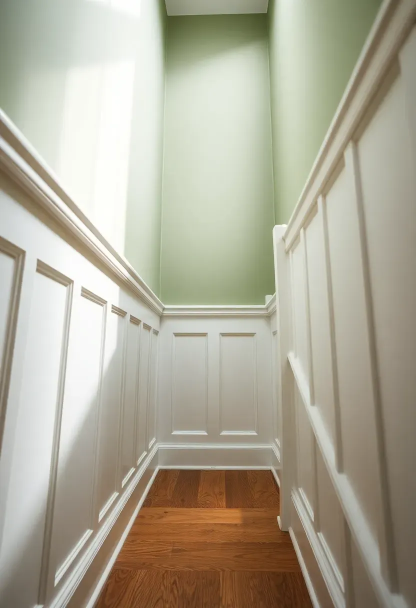 Basement stairwell walls with classic white wainscoting panels on the lower half and a soft sage green paint color above the chair rail