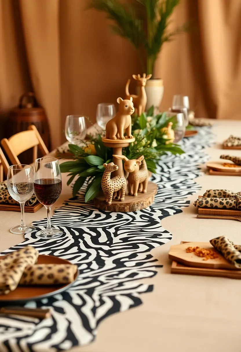 safari animal baby shower tablescape with zebra print runner and toy elephant centrepiece