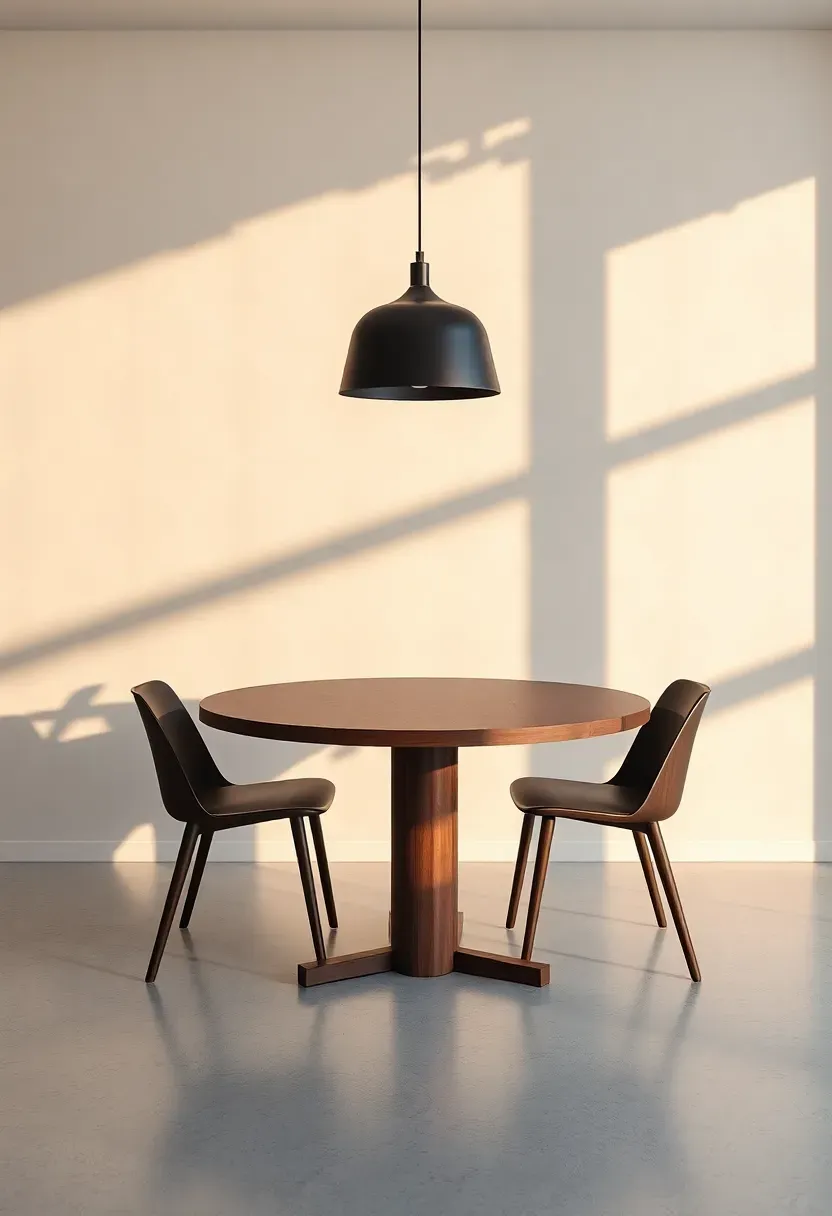 Modern dining room with a white geometric 3D wall panel creating dramatic shadows under pendant lighting