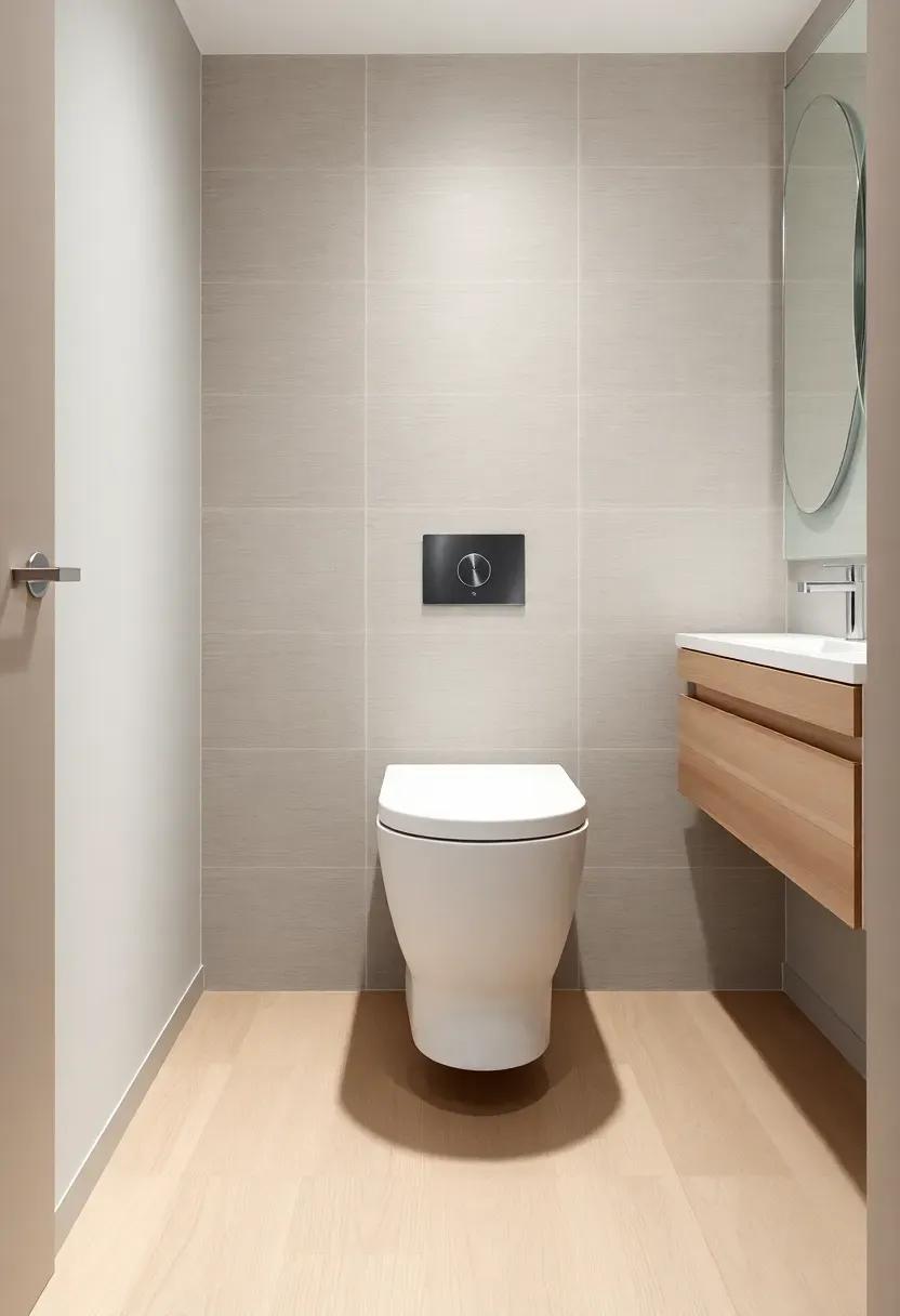 Concealed toilet cistern with flush plate and wall-hung toilet in a sleek modern bathroom