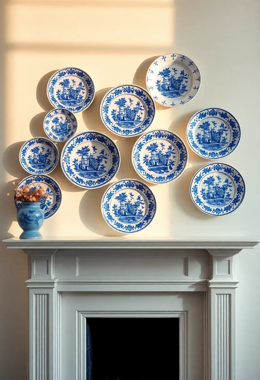 Decorative ceramic plates in blue and white patterns arranged on the wall above a traditional fireplace