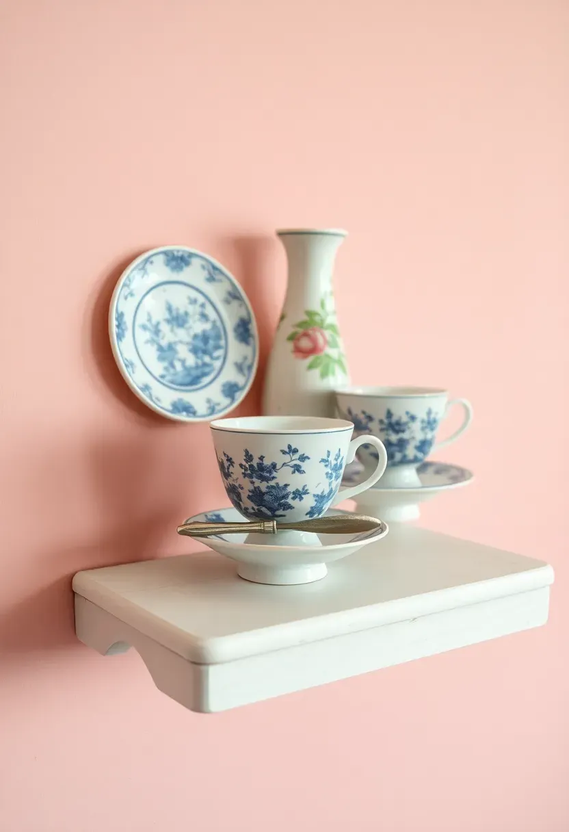 Heirloom china vignette on a white shelf — vintage transferware teacups on saucers, a hand-painted porcelain vase, and silver sugar tongs on a dusty rose wall