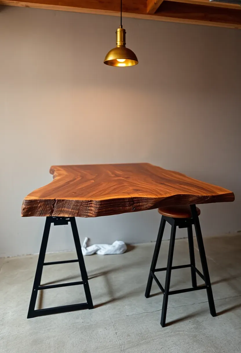 Basement bar featuring a thick live edge walnut slab as the bar top, supported by black steel legs, with natural bark edge visible and pendant lights above