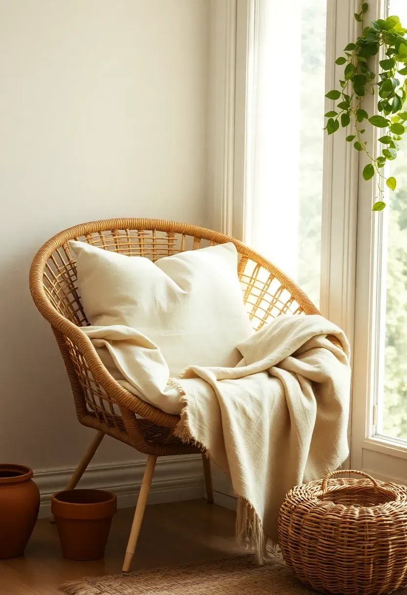 thrifted wicker chair with cushion and throw in a bright sunroom corner