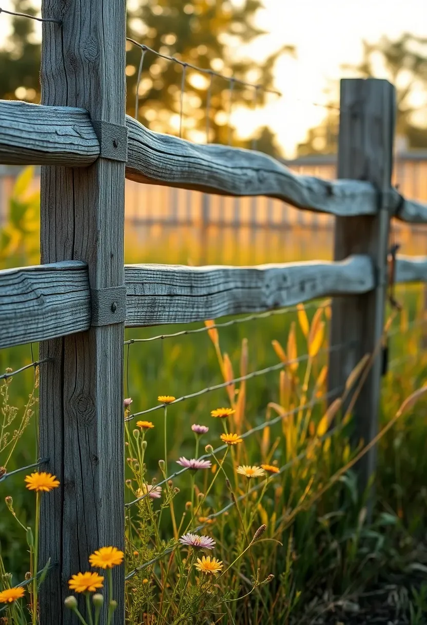 Rustic split rail fence with wire mesh attached, bordering a rural backyard garden with wildflowers