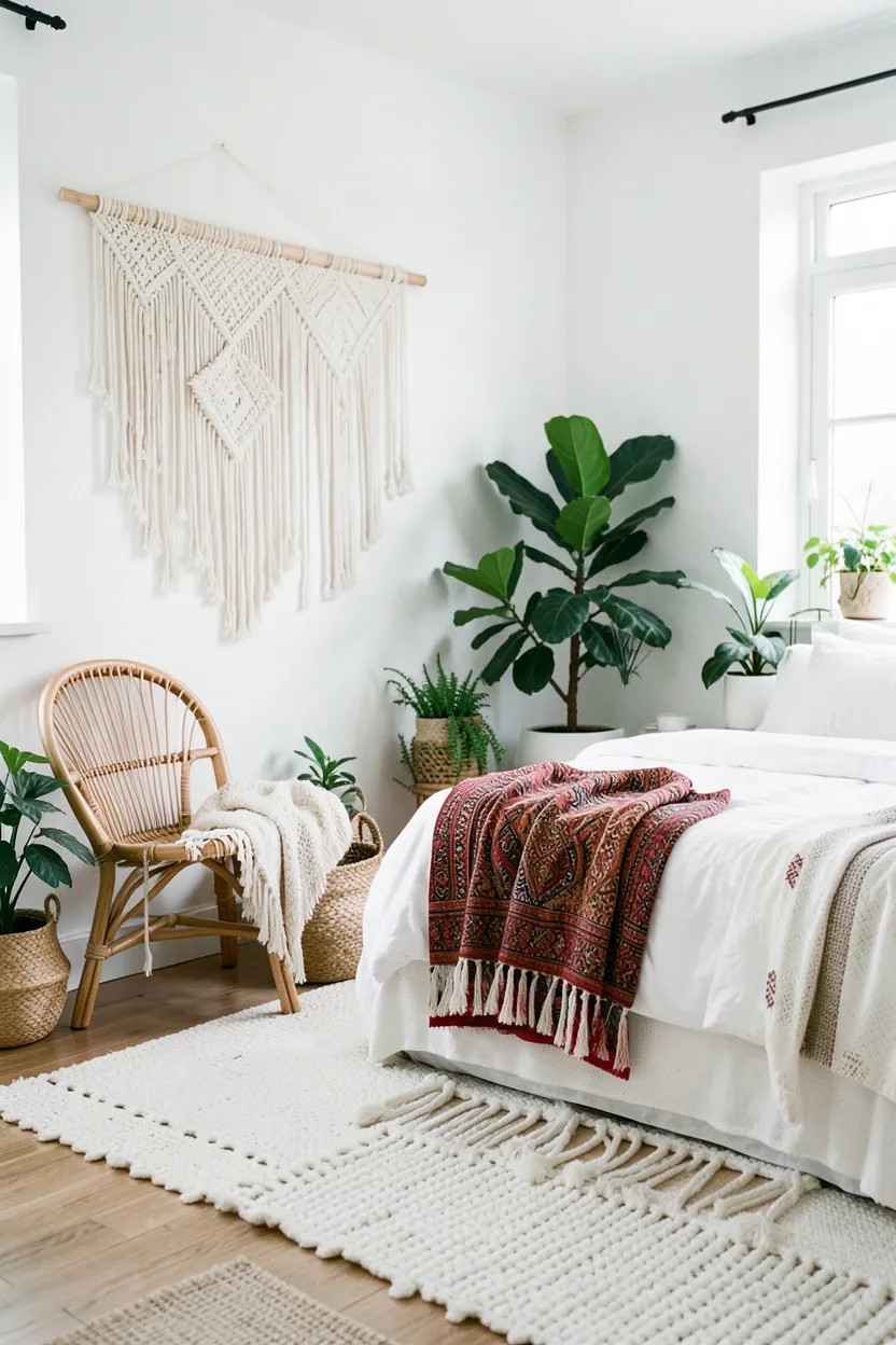White bohemian bedroom with Moroccan rug, macramé wall hanging, rattan chair, and layered cream textiles — eclectic white boho bedroom