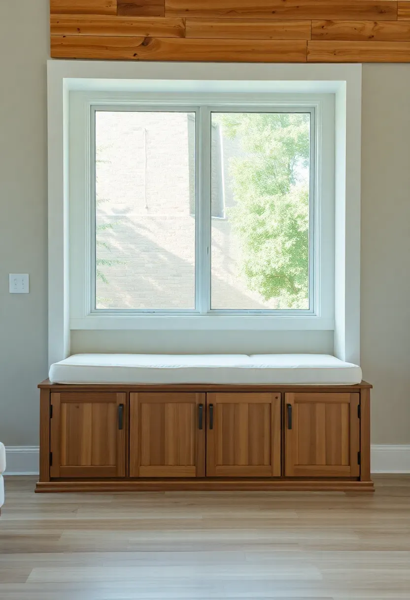 Hyper-realistic view of built-in window seat with storage beneath in rustic minimalist living room. Materials: white upholstered seat cushion, wood base with paneling showing storage doors, reclaimed wood wall behind, natural daylight streaming through window. Clean composition showing seat as both seating and storage. No visible clutter or contents. No text, no logos, interior design magazine style.</p>