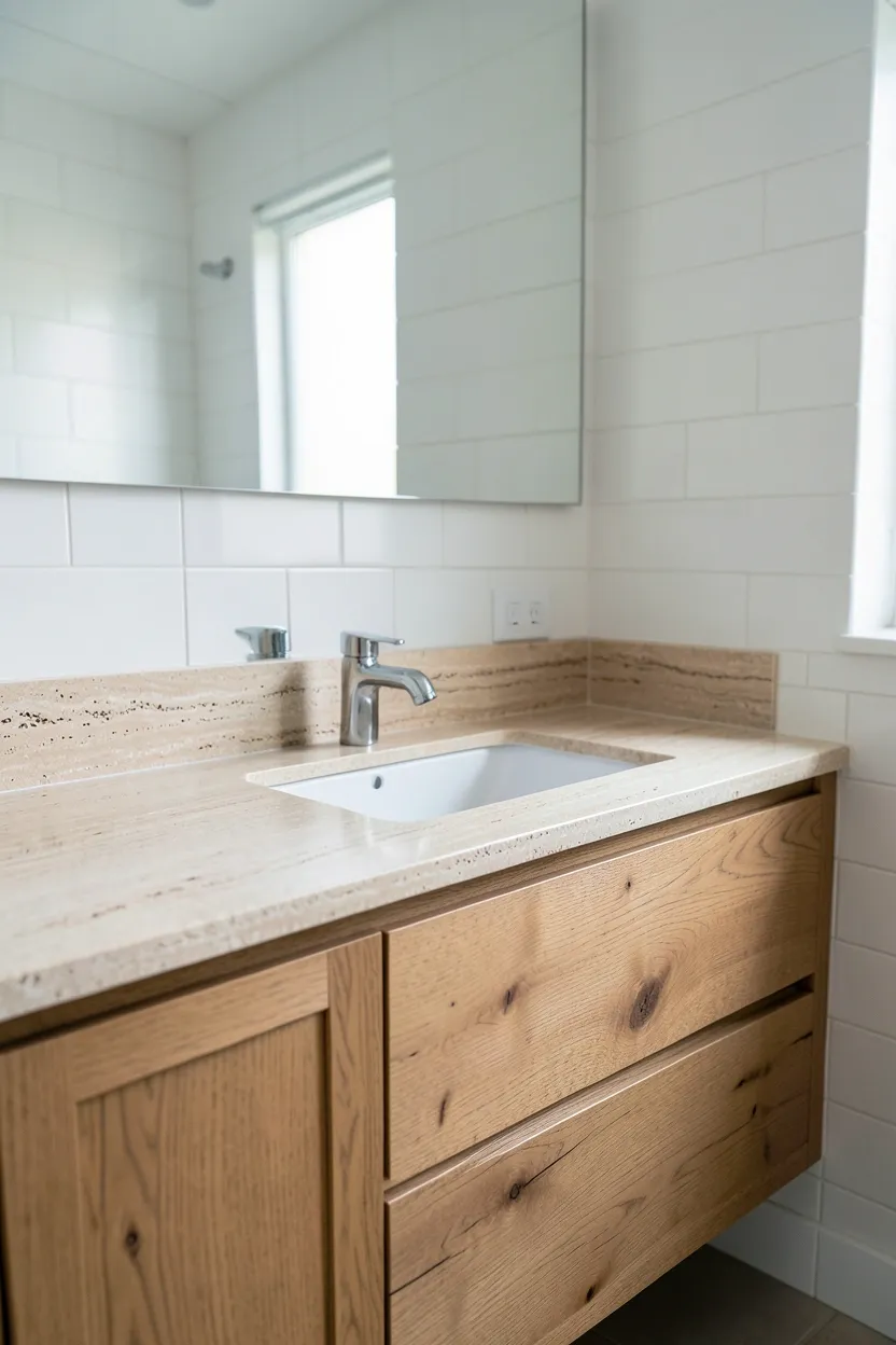 Hyper-realistic eye-level photograph of a modern earthy bathroom featuring oak wood vanity cabinet with natural grain visible, honed travertine stone countertop with subtle beige veining, white undermount sink, chrome faucet, white subway tile walls. Natural light. Materials: natural oak wood, honed travertine stone, white ceramic sink, chrome fixtures, white ceramic tiles. Organic wood with stone combination. Natural wood grain details. No text, no logos, no watermarks.</p>