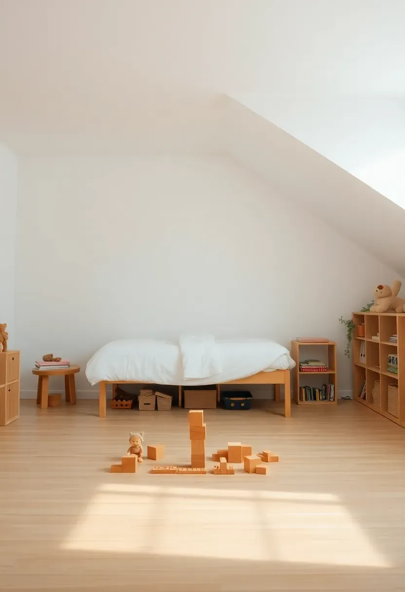 Hyper-realistic view of minimalist child's bedroom. Open floor space with few carefully chosen toys visible: wooden blocks, one doll or action figure, art supplies, one or two books. No toy chest overflowing with unused items. Everything accessible on low shelves. White walls, simple bed or floor bed. Abundant empty floor space for play. Minimalist parenting mood showing how children thrive with less—more focus, more creativity, less overwhelm, more appreciation for what they have.</p>