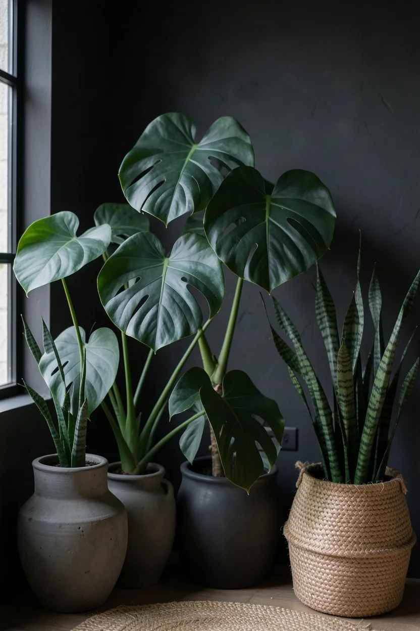 Large monstera and rubber plant in woven rattan pots against dark charcoal walls in a dark boho living room