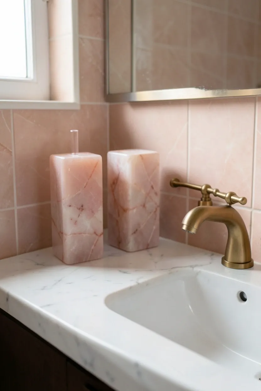 Natural rose quartz soap dispenser on white marble bathroom countertop with brass faucet and blush pink towels