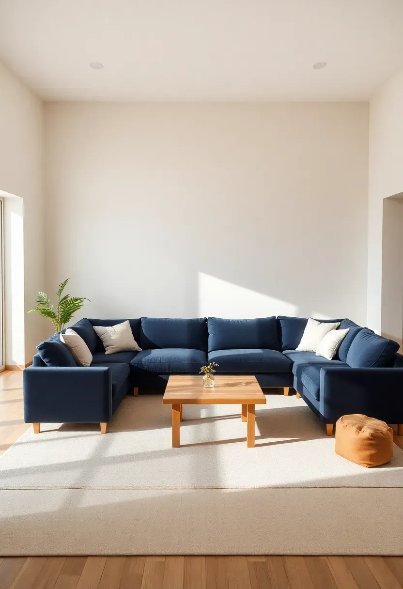 Hyper-realistic 3/4 view of minimalist living room with large navy blue sectional sofa cream walls white ceiling cream area rug light oak coffee table cream throw pillows. Materials: cream matte paint navy blue velvet sofa upholstery cream wool rug light oak wood white linen pillows. Soft natural daylight subtle shadows showing navy's depth against cream sophisticated calming atmosphere. Clean composition with generous negative space sharp fabric textures no clutter no text no logos.</p>