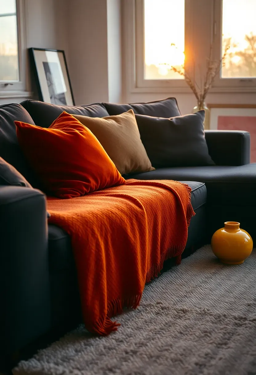 Hyper-realistic 3/4 view of living room with dark grey couch, terracotta velvet pillows, burnt orange knit throw, golden yellow ceramic vase, warm pink art print, light grey rug, warm ambient light. Materials: charcoal fabric, terracotta velvet, burnt orange wool, glazed ceramic, grey wool rug. Warm late afternoon golden hour light, sunset glow through windows. Sunset warmth mood like cheerful creative space. Shallow depth of field, visible terracotta velvet texture and ceramic glaze. No text, no logos, no watermarks.</p>