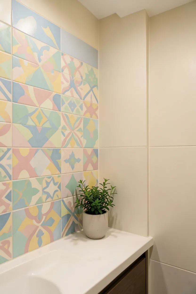 Toca Boca bathroom accent wall with turquoise geometric tile pattern behind the tub, paired with neutral white walls and playful colorful accessories