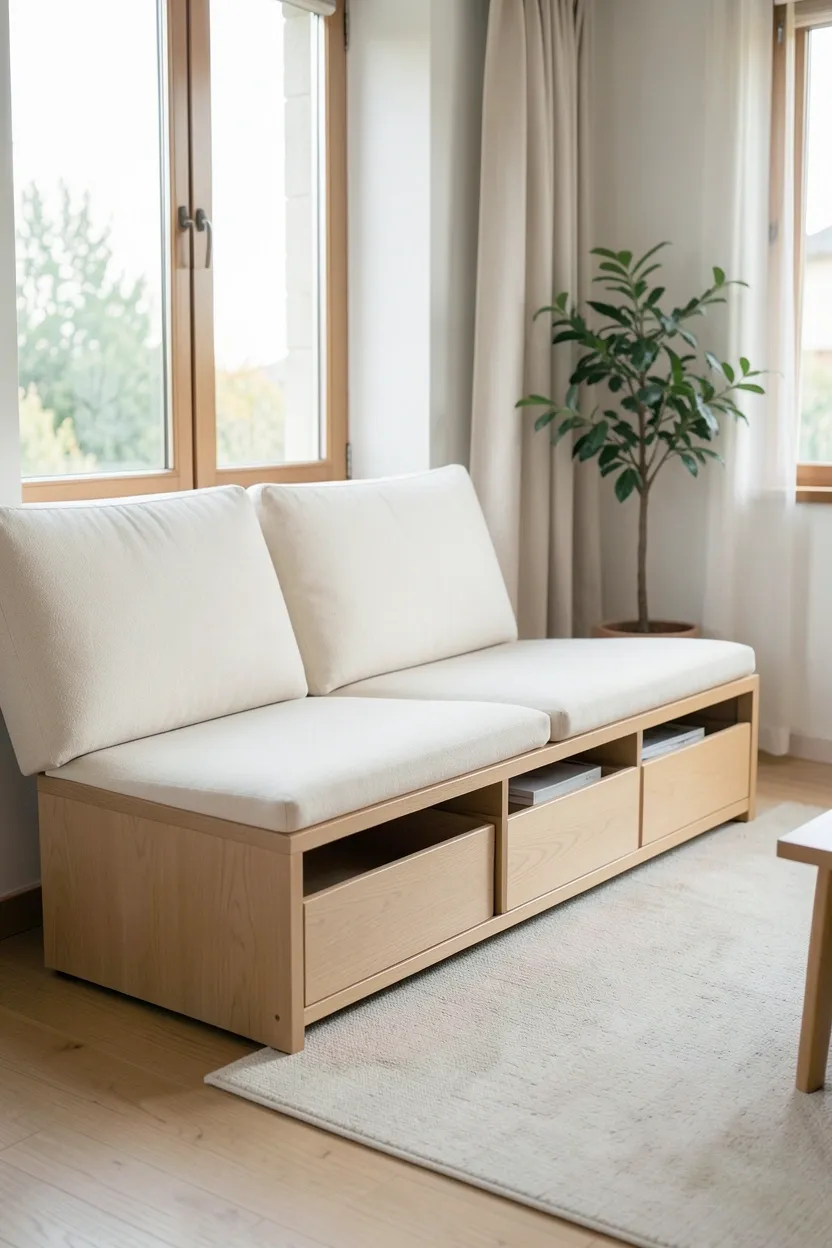 Multi-functional Japandi living room with a lift-top coffee table and storage ottoman that double as workspace and hidden storage in a small apartment